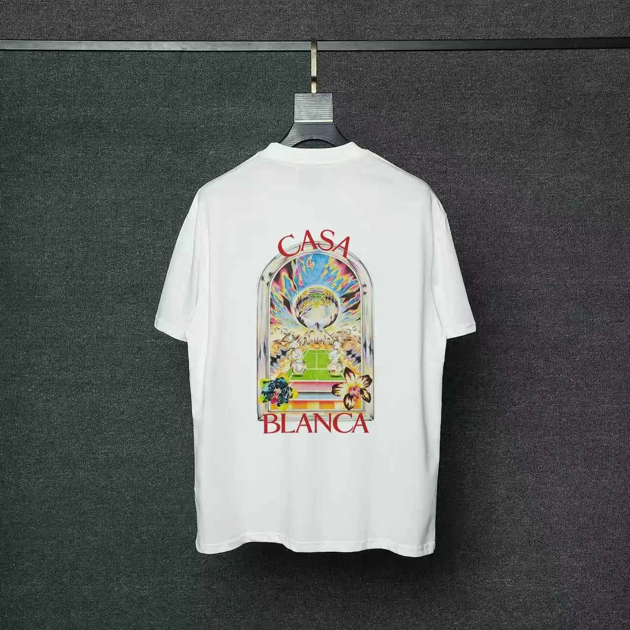 26ss CASABLANCA original printing process short-sleeved T-shirt original development using high-density double yarn pure cotton fabric upper body soft and comfortable color Black White Dark Green color Orange Pink Blue Royal Blue color cigarette powder 8 colors Sizes S M L XL
